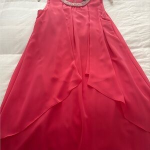 SLNY Deep Coral Dress with Beaded Neckline